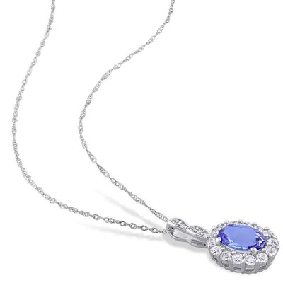 Pre-owned Amour Oval Shape Tanzanite, White Topaz, And Diamond Accent Vintage Halo Pendant