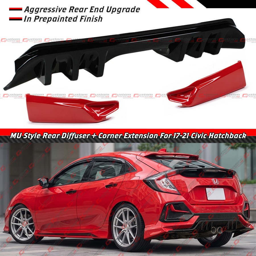 For 17-21 Civic Hatchback MU Style Rear Bumper Diffuser + V2 Red Side Extension
