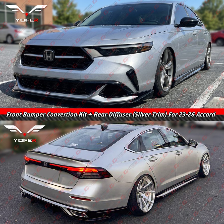 For 23-26 Accord Yofer Solar Silver 3PC Front Bumper + Lower Lip + Rear Diffuser