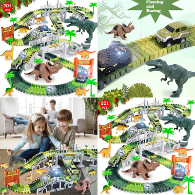 201 PC Dinosaur Race Car Set Flexible Train Track Toys Toddler Road Race Playset