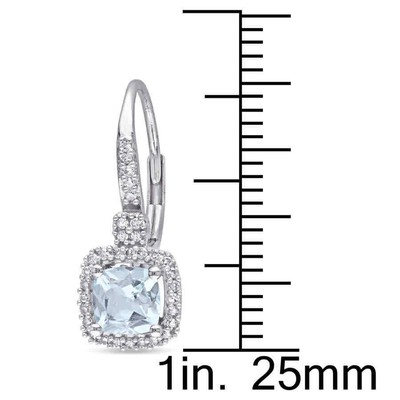 AMOUR AMOUR CUSHION CUT AQUAMARINE AND 1/5 CT TW DIAMOND HALO LEVERBACK EARRINGS IN