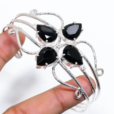 Black Spinel Gemstone 925 Sterling Silver Jewelry Cuff Bracelet Size 7-8''