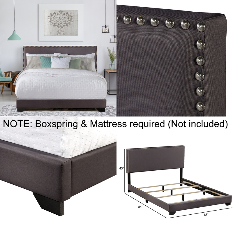 Upholstered Queen Bed w/ Nail Head Trim Headboard Solid Wood Frame, Charcoal