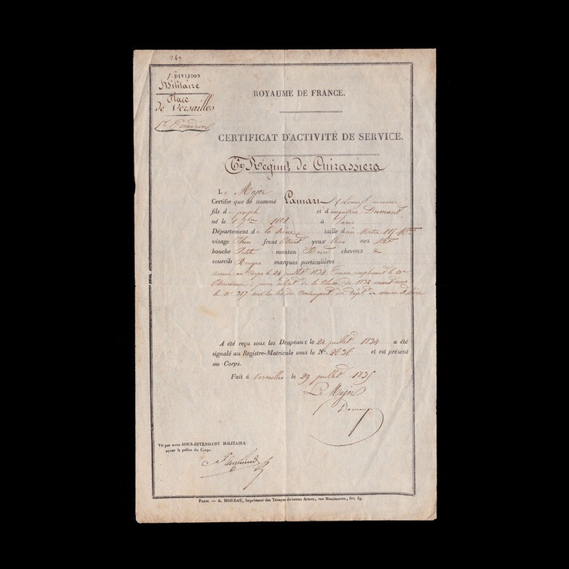 1835 - 6e Cuirassiers - Certificat Pour Pamart