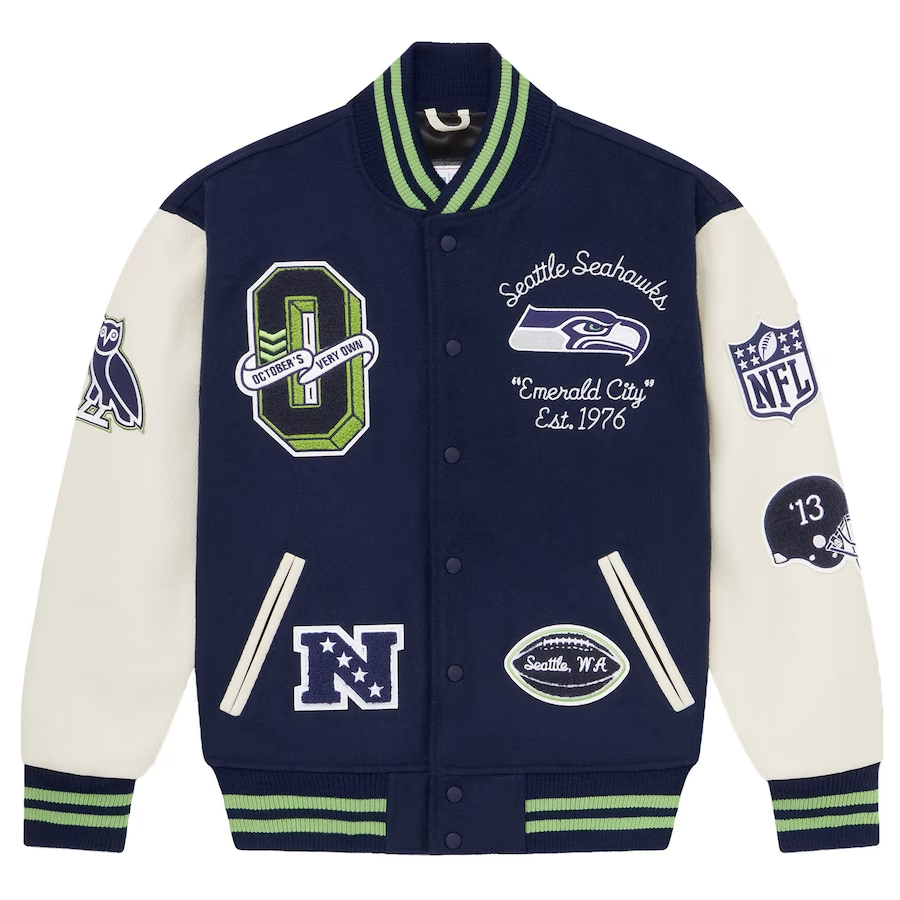 NWT Men's OVO x NFL College Navy Seattle Seahawks Full-Snap Varsity Jacket XL