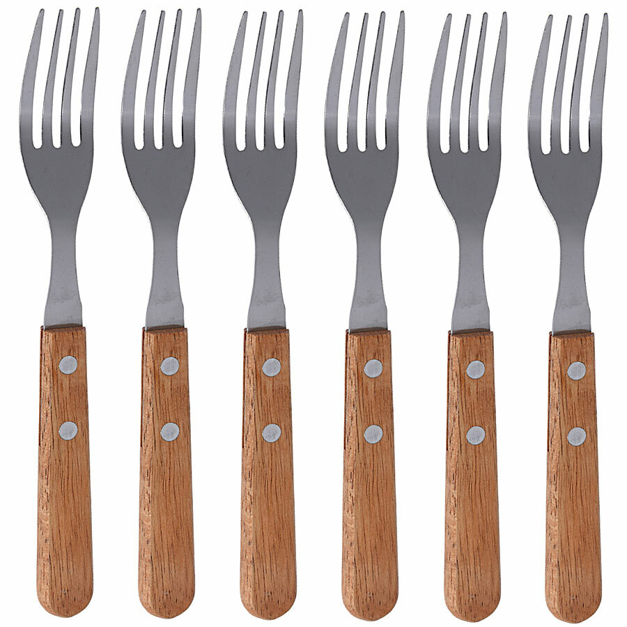 6er Set Gabeln ca.19,5cm rostfreier Stahl Holzgriff Tafelbesteck Steakgabel