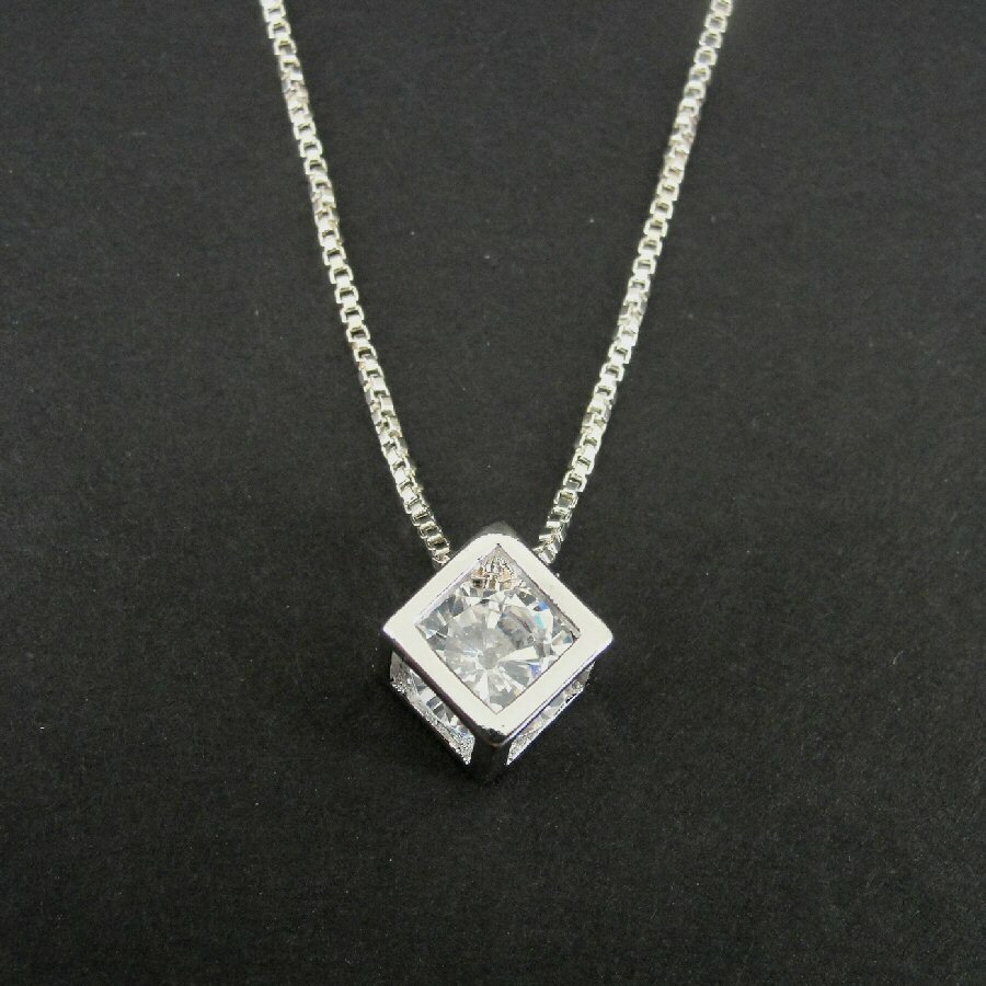 Necklace Silver Cube open Cubic Zirconia Stone Sterling 925 Chain