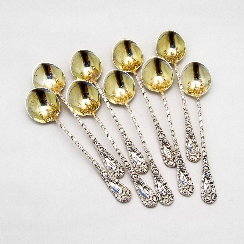 Durgin Chrysanthemum 9 Chocolate Spoons Set Sterling Silver