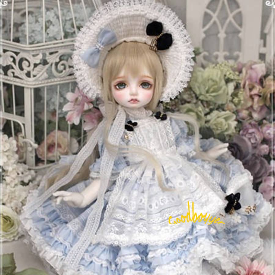 1/6 1/4 1/3 IP-EID BJD Doll Outfit Clothes Blue Retro Dress+Bonnet White Lace