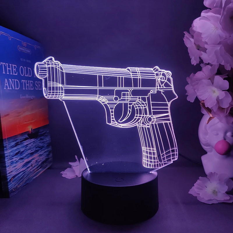 Cool Pistol Gun Night Light for Kids 3D Illusion Night Lamp Bedroom Decoration L