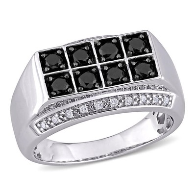 Pre-owned Amour 1 Ct Tw Black And White Diamond Double Row Men's Ring In Two-tone Sterling