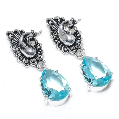 Swiss Blue Topaz Gemstone Handmade 925 Sterling Silver Jewelry Stud Earring 1.40