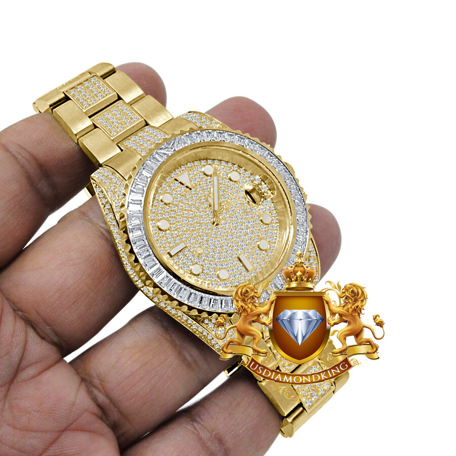 Pre-owned Usdiamondking Baguette Solid Steel 18k Yellow Gold Simulated Diamond Mens Watch 40mm W/date