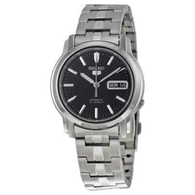 Мужские часы Seiko 5 с автоматическим черным циферблатом из нержавеющей стали SNKK71