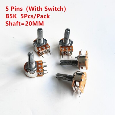 5Pcs B5K 5K WH148 5 Pins Potentiometer with Switch Shaft 20mm 5 Pin