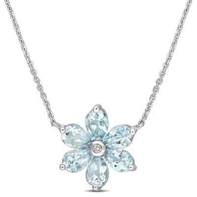 Pre-owned Amour 2 3/8 Ct Tgw Aquamarine And Diamond Accent Floral Pendant With Chain In In White