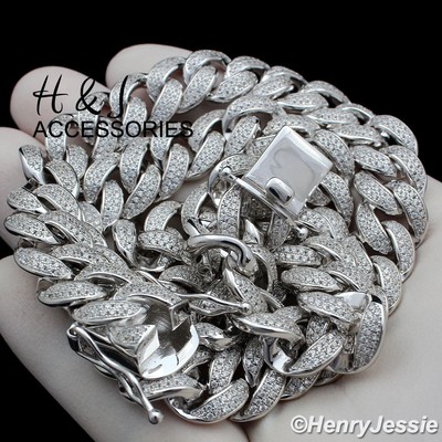 Pre-owned H&j Jewelry 20"men 925 Sterling Silver 12mm Icy Cz Miami Cuban Curb Link Chain Necklacesn21 In White/colorless
