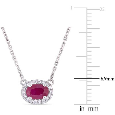 Pre-owned Amour 3/5 Ct Tgw Oval Shape Ruby And 1/10 Ct Tw Diamond Halo Necklace In 14k In White