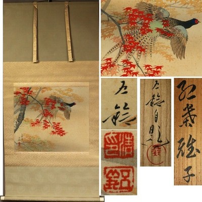 Japanese Hanging Scroll Art Painting "Autumn Leaves and Pheasant" Isuzu Bube
