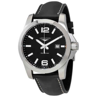 Pre-owned Longines Conquest Black Dial Black Leather Men's 43mm Watch L37604563