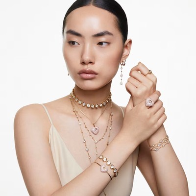 Pre-owned Swarovski Idyllia Cocktail Ring, Crystal Pearls, Heart Pink 5690058 Size 50-55