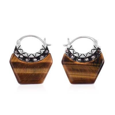NIB $69.99 Genuine Tigers Eye, Swiss Marcasite Earrings 23.000 Cts  P-15