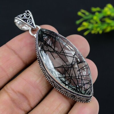 Black Rutile Gemstone Handmade 925 Sterling Silver Jewelry Pendant 2.64'' L889