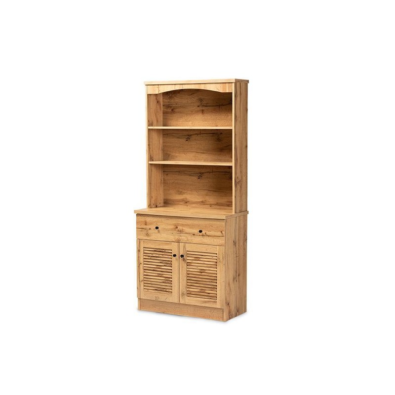 Oak Brown Finished Wood Buffet and Hutch Kitchen Cabinet