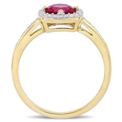 Pre-owned Amour 1 Ct Tgw Created Ruby And 1/7 Ct Tw Diamond Halo Ring In 10k Yellow Gold In Check Description