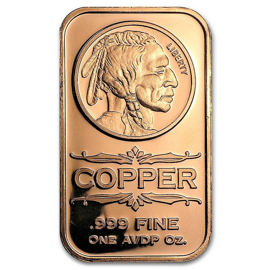 1 Ounce .999 Fine Copper Bar - Indian Head