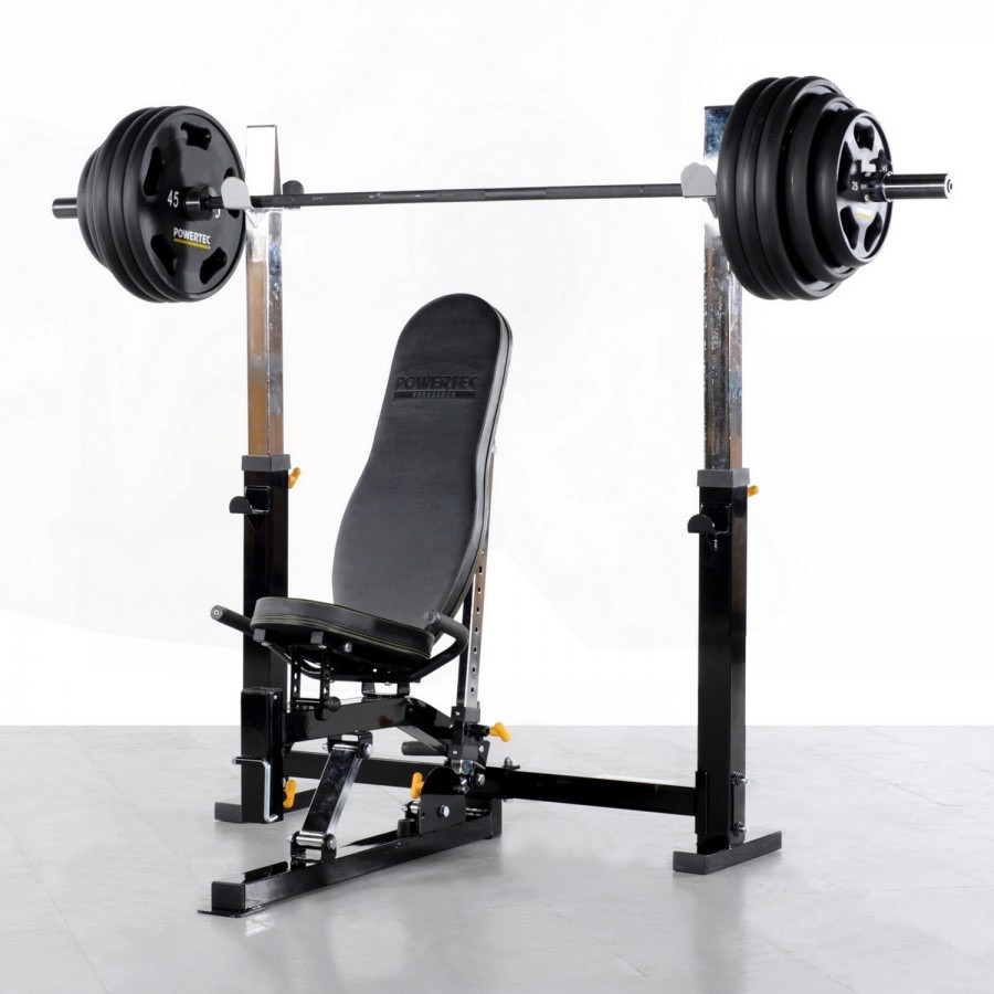 Powertec Olympic weights bench, 7ft 20kg bar and weights in