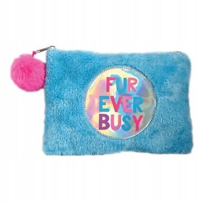 Stnux Holographic Plush Fur Ever Busy Pencil Case Pouch Blue New
