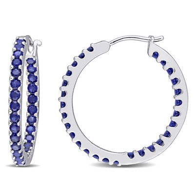 Pre-owned Amour 2 4/5 Ct Tgw Created Blue Sapphire Inside Outside Hoop Earrings In 10k In White