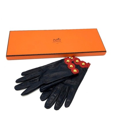 エルメス ミンク 毛皮 レザー グローブ レッド HERMES Fashion Accessories Apparel Gloves Leather Navy Red