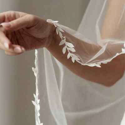 New Long Ivy Leaf Trim Bridal Veil Wedding Lace Floral Cathedral Ivory White