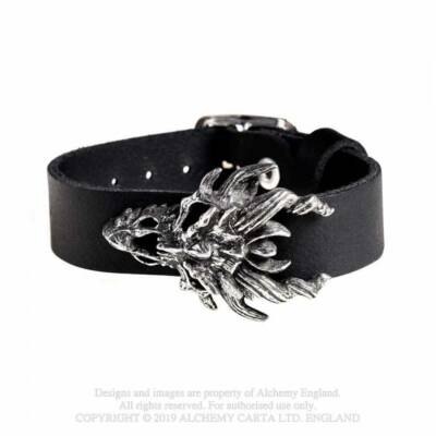 Alchemy Gothic Dragon Skull Unisex Pewter & Leather Wriststrap   Local Stock ...