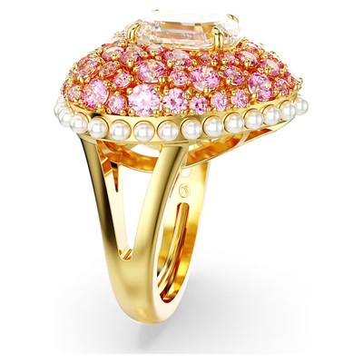 Pre-owned Swarovski Idyllia Cocktail Ring, Crystal Pearls, Heart Pink 5690058 Size 50-55