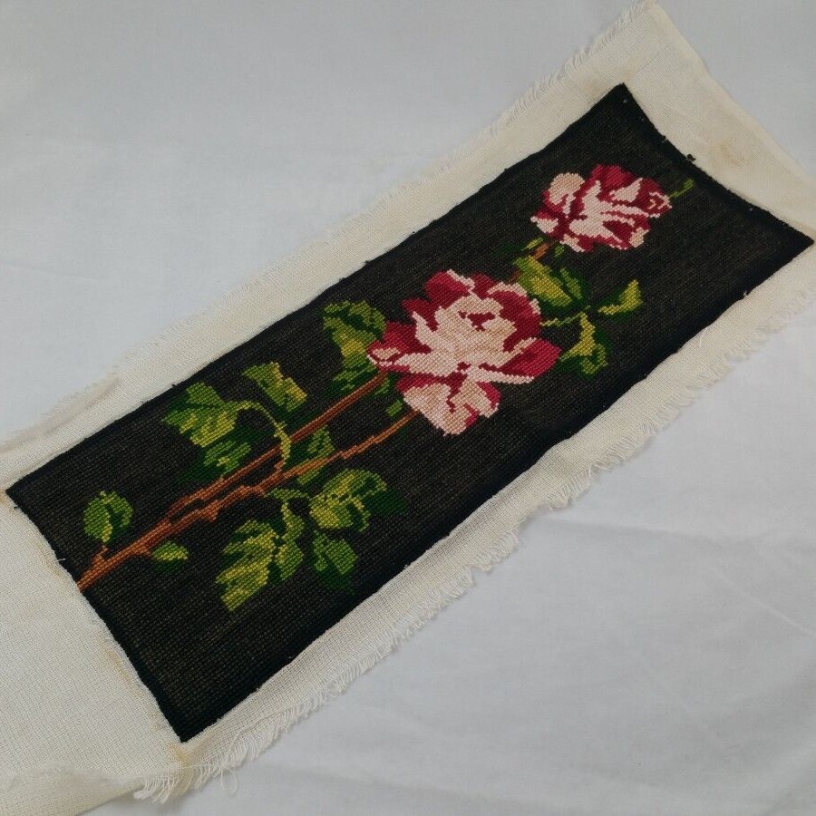 Vintage Cross Stitch Completed Red Pink Roses On Black Background