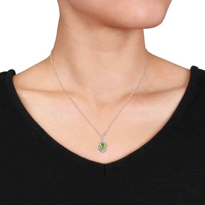 Pre-owned Amour Oval Shape Peridot, White Topaz And Diamond Accent Vintage Pendant With