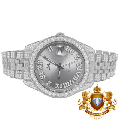 Pre-owned Usdiamondking Roman Dial Men' Solid Steel 18k White Gold Simulated Diamond Watch 42mm W/date
