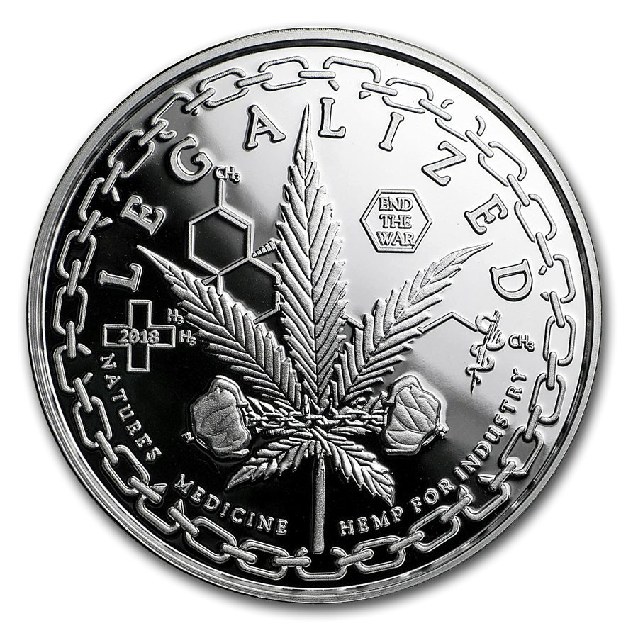 LEGALIZED CANNABIS MARIJUANA POT 1OZ .999 SILVER PROOF COIN WITH