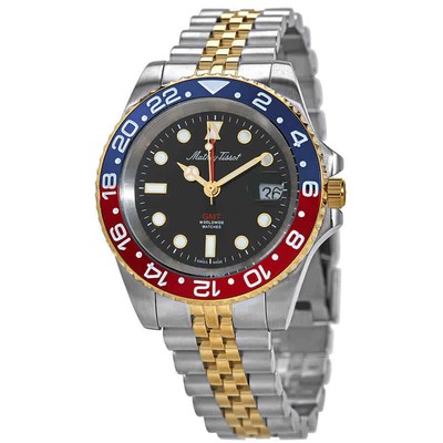 Мужские часы Mathey-Tissot Rolly Vintage GMT с двухцветным черным циферблатом и безелем Pepsi