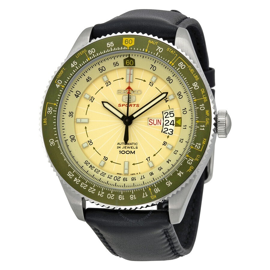 Pre-owned Seiko 5 Sports Srp615k1 Automatic Pilot Watch Green Bezel Leather 100m 24 Jewels