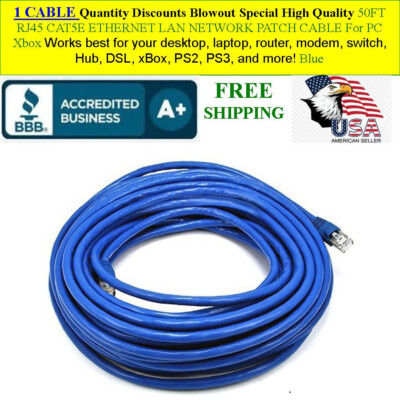 1 CABLE 50FT RJ45 CAT5E ETHERNET LAN NETWORK PATCH CABLE For PC, Xbox PS2 PS3