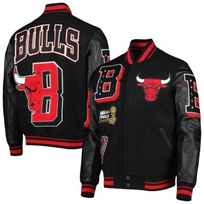 Men s Black Chicago Bulls Mash Up Varsity Jacket Wool Body, Leather Sleeves