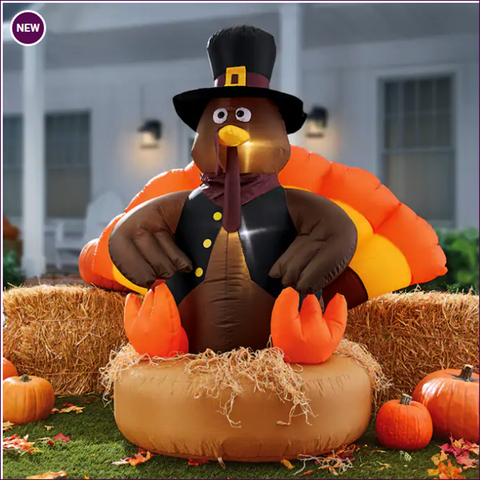 5 Turkey On Straw Bale Inflatable Pre Lit Fall Thanksgiving Yard Decor Ebay