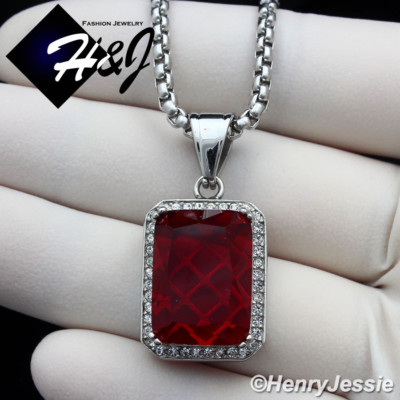 20''MEN Stainless Steel 3mm Silver Box Link Chain Simulated Ruby Pendant*P98