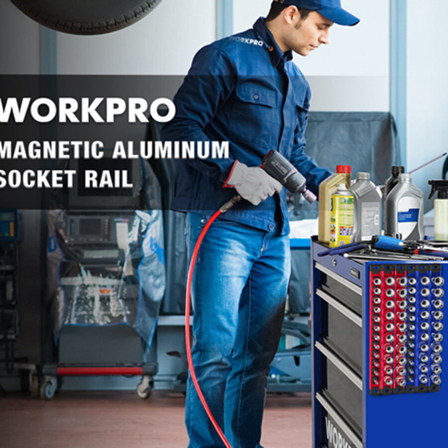 WORKPRO Magnetic Socket Organizer Set, 3-Piece Aluminum Alloy Socket Rail Blue