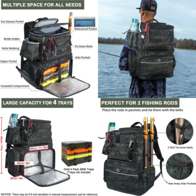 Fishing Tackle Backpack With Cooler Waterproof Rod Holder Large Storage Bag Gear