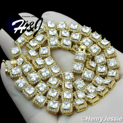 14K GOLD PLATED ICY CUBIC ZIRCONIA 18''X6MM GOLD 1 ROW SQUARE LINK NECKLACE*BGN9